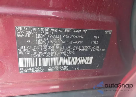 2020 Toyota Rav4 Xle из США, поврежденный, VIN 2T3W1RFV1LW097529